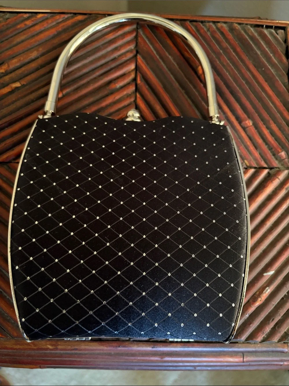 Elegant Black Quilted Top-Handle Evening Bag with Metallic Dots & Jewel Clasp